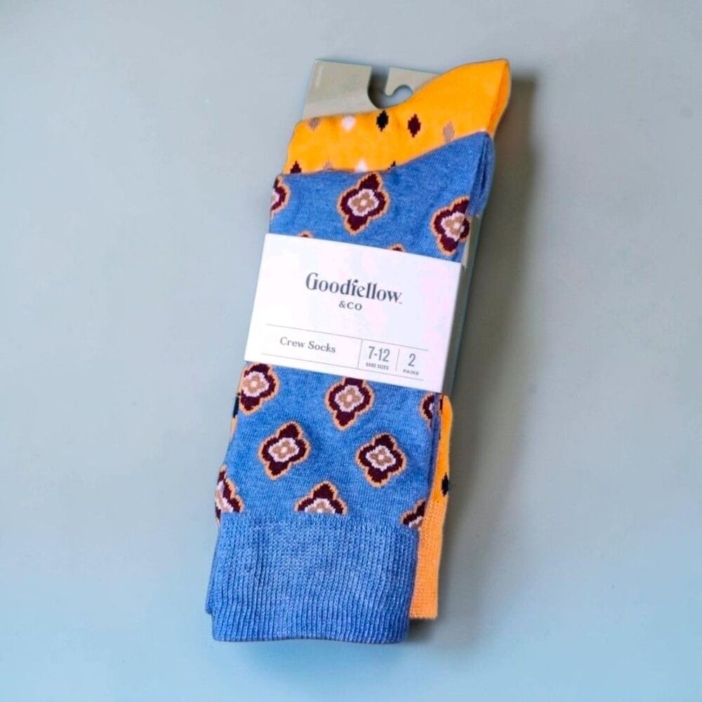 Goodfellow and Co Blue Gold Geometric Crew Socks Mens 7-12 NWT 2 Pair Pack